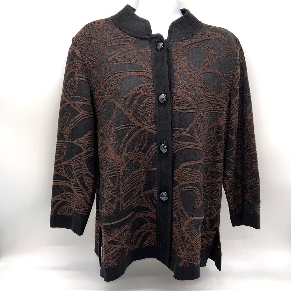 Misook Black w/Brown Patterned Lightweight Knit Cardigan Sweater w/Front Buttons